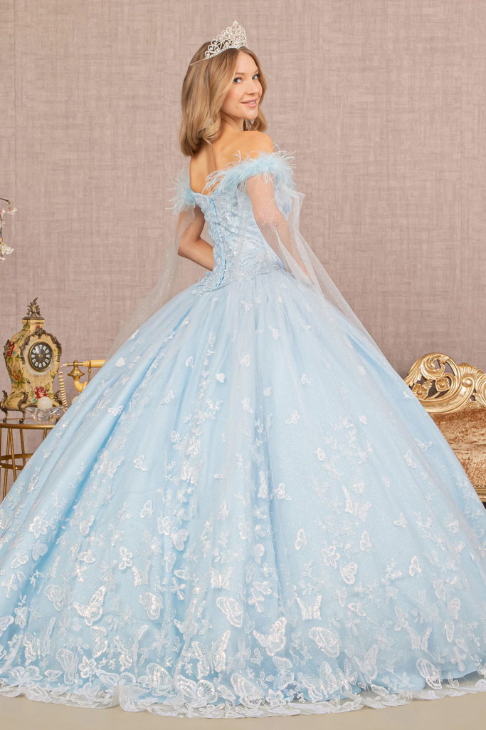 Feather 3-D Flower Quinceanera Gown w/ Detachable Side Mesh Layer-2