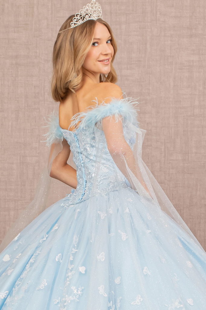 Feather 3-D Flower Quinceanera Gown w/ Detachable Side Mesh Layer-3