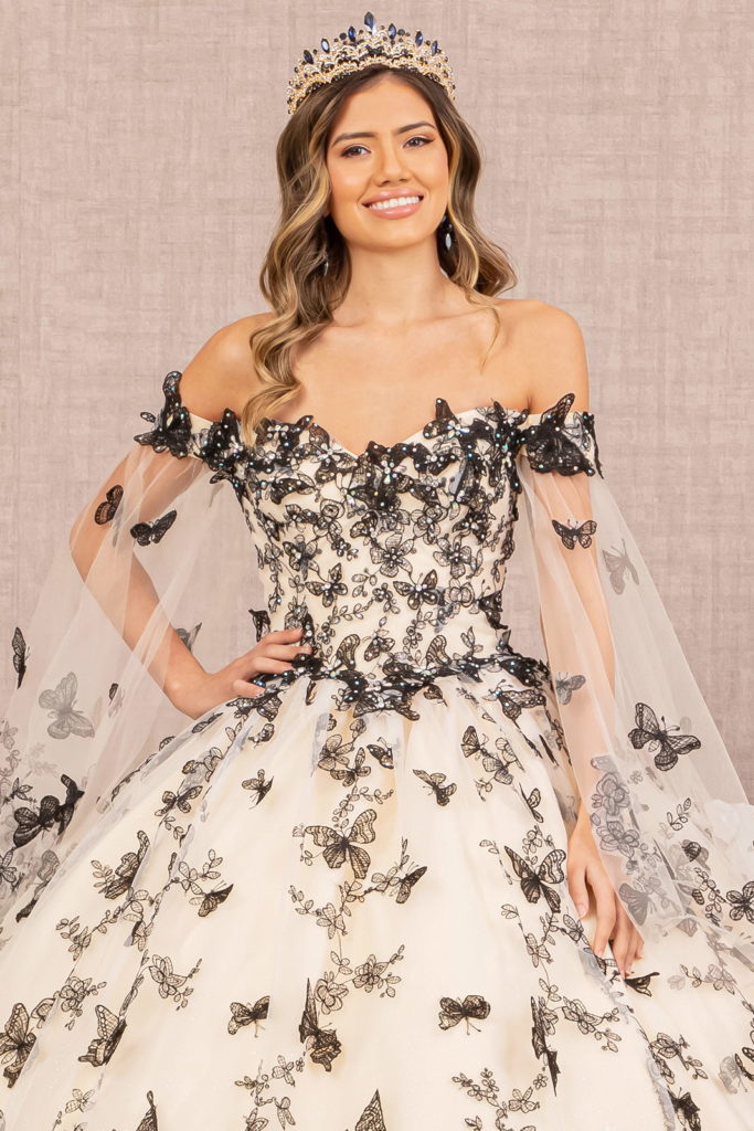 3-D Butterfly Applique Quinceanera Gown w/ Detachable Side Mesh Layer-4