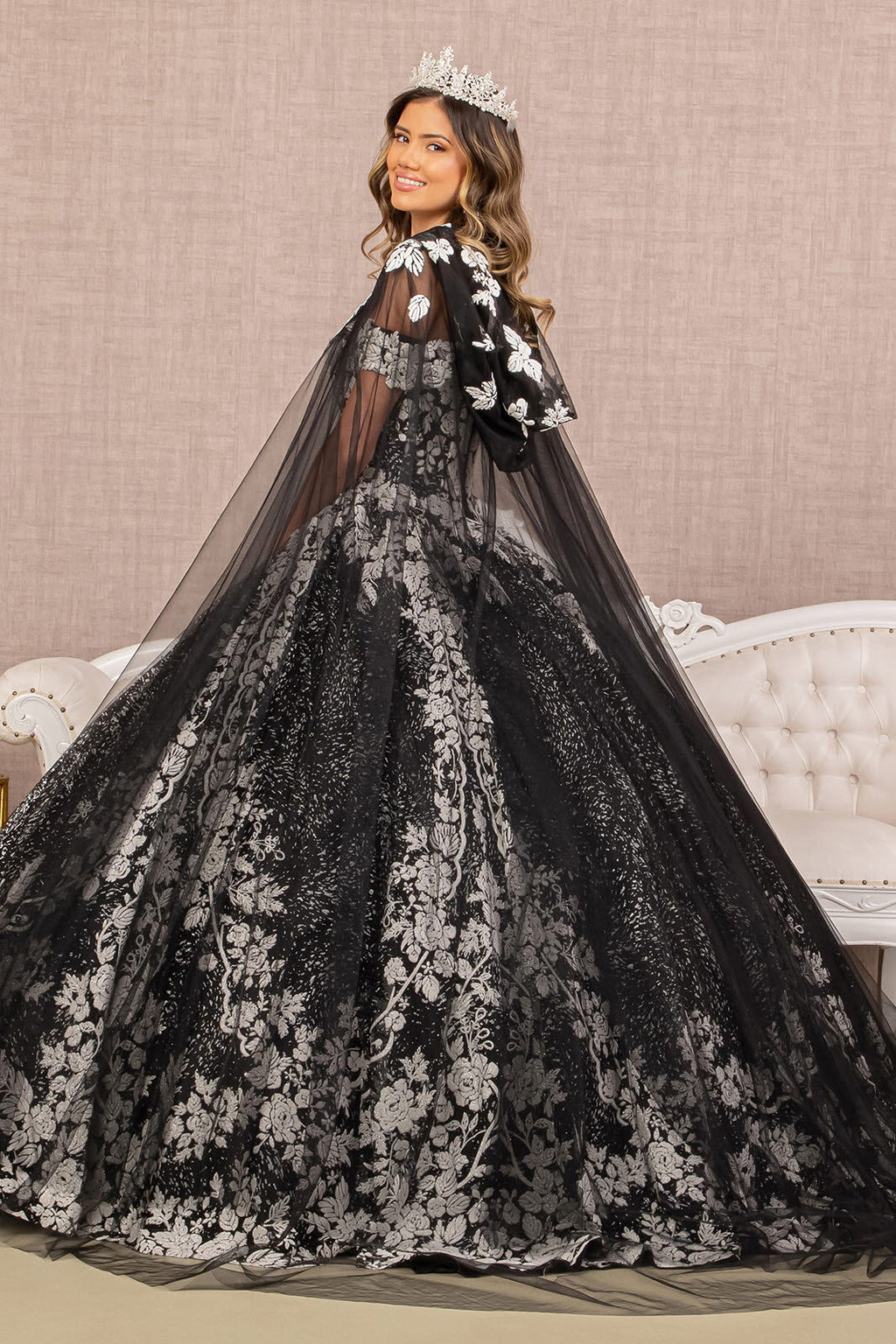 Floral Pattern Glitter Quinceanera Gown w/ Long Mesh Cape-2