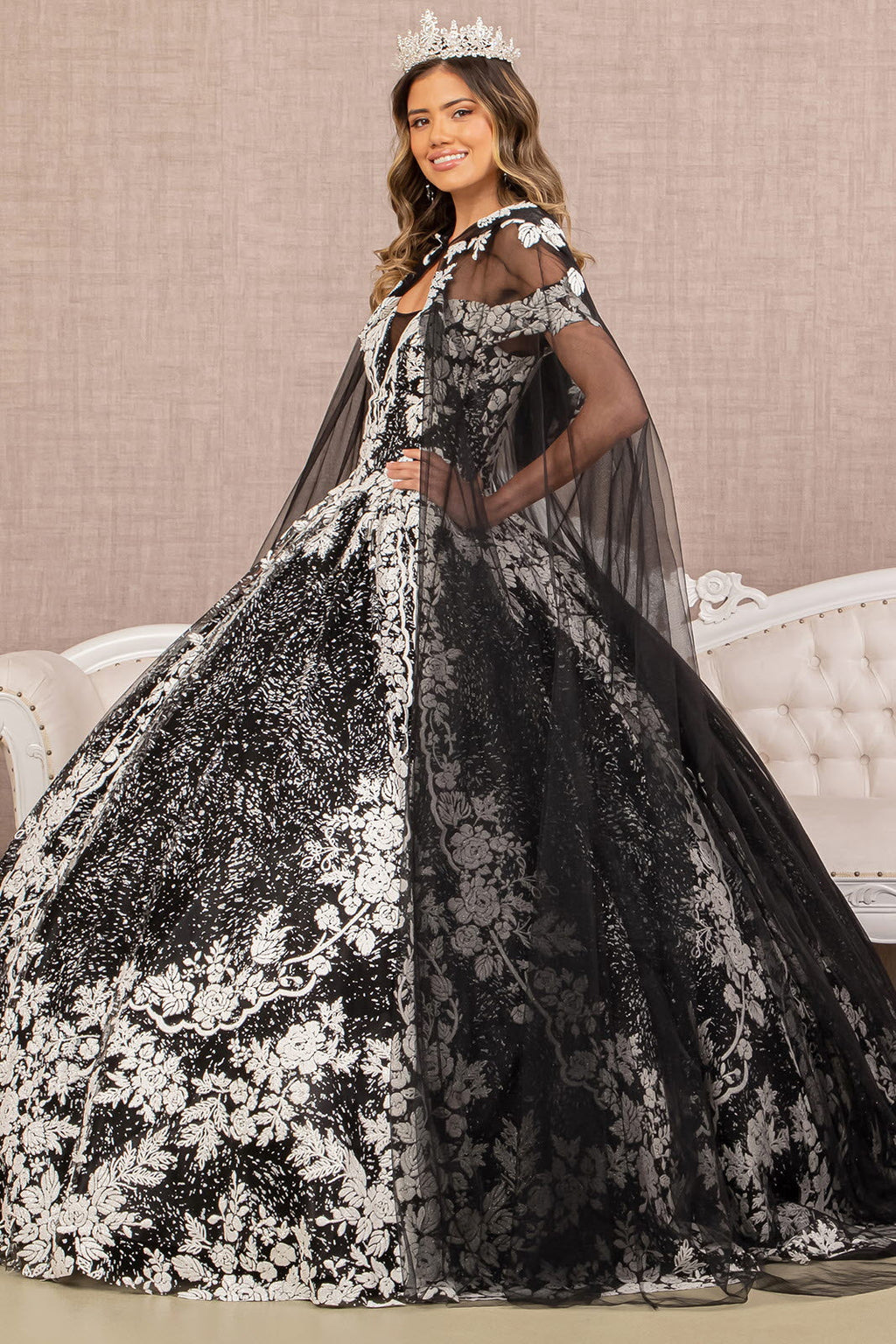 Floral Pattern Glitter Quinceanera Gown w/ Long Mesh Cape-3