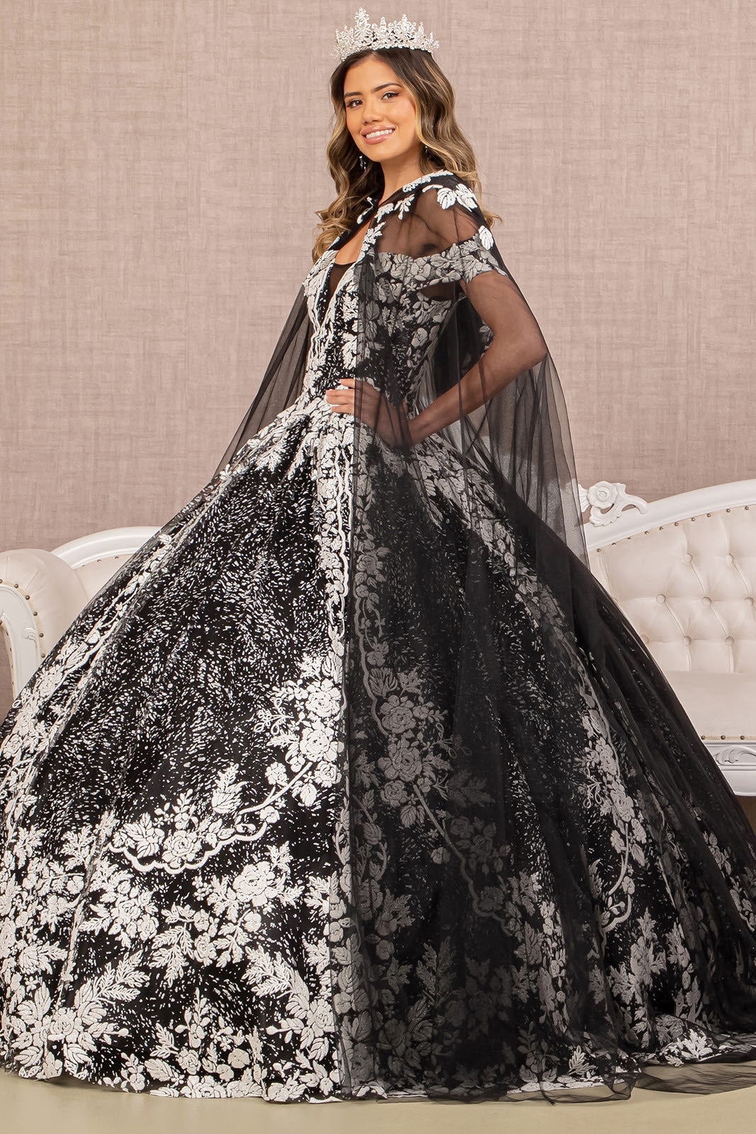 Floral Pattern Glitter Quinceanera Gown w/ Long Mesh Cape-3
