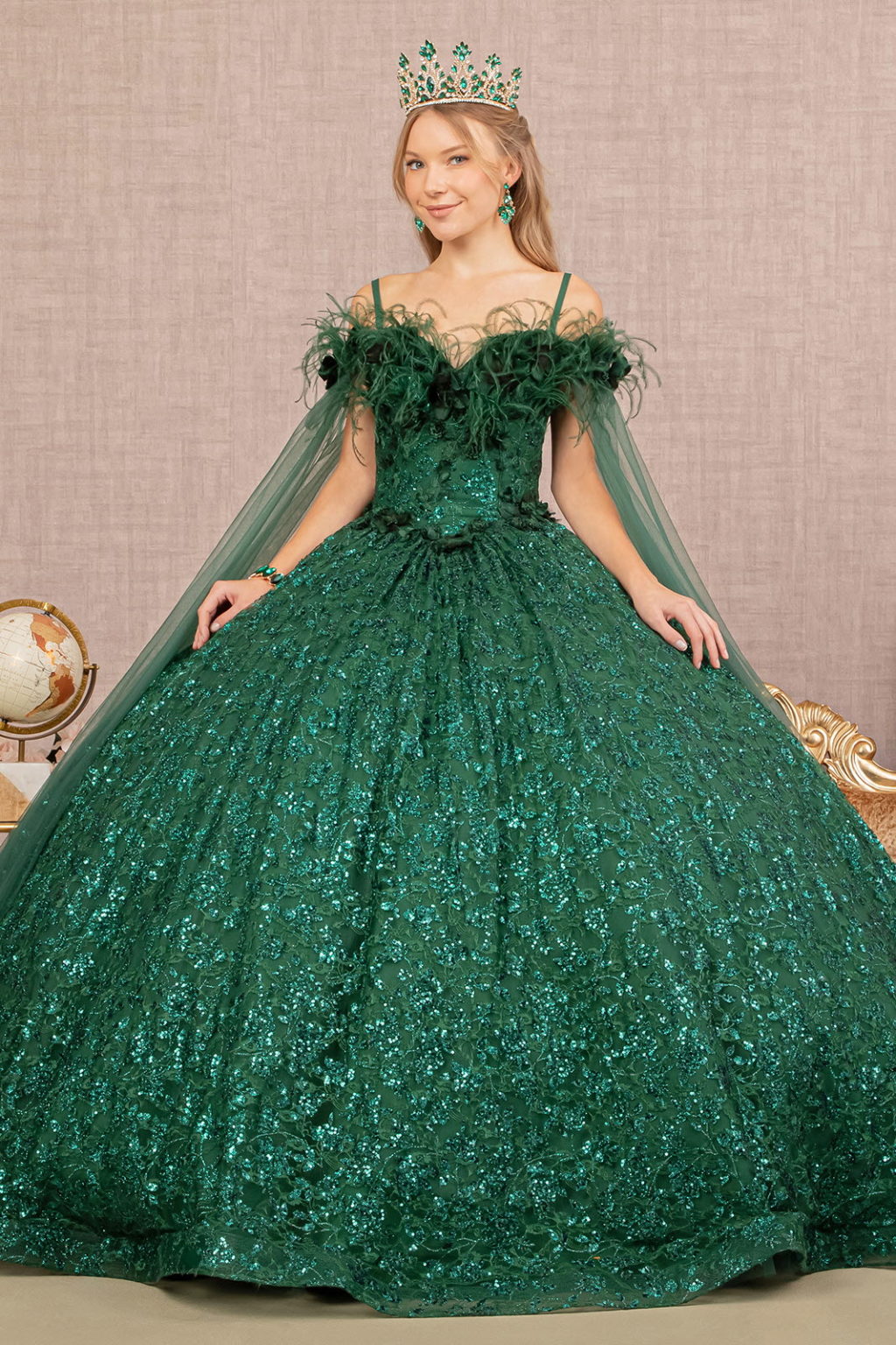 Feather Sequin Lace Quinceanera Gown w/ Detachable Side Mesh Layer-1