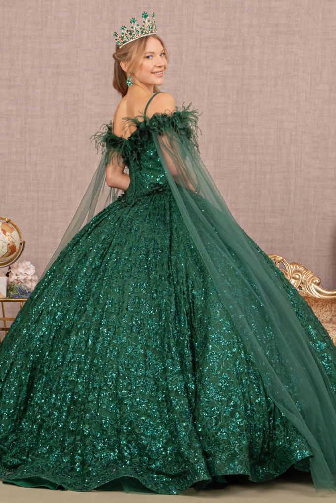 Feather Sequin Lace Quinceanera Gown w/ Detachable Side Mesh Layer-2