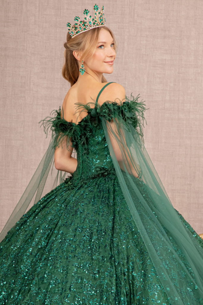 Feather Sequin Lace Quinceanera Gown w/ Detachable Side Mesh Layer-3