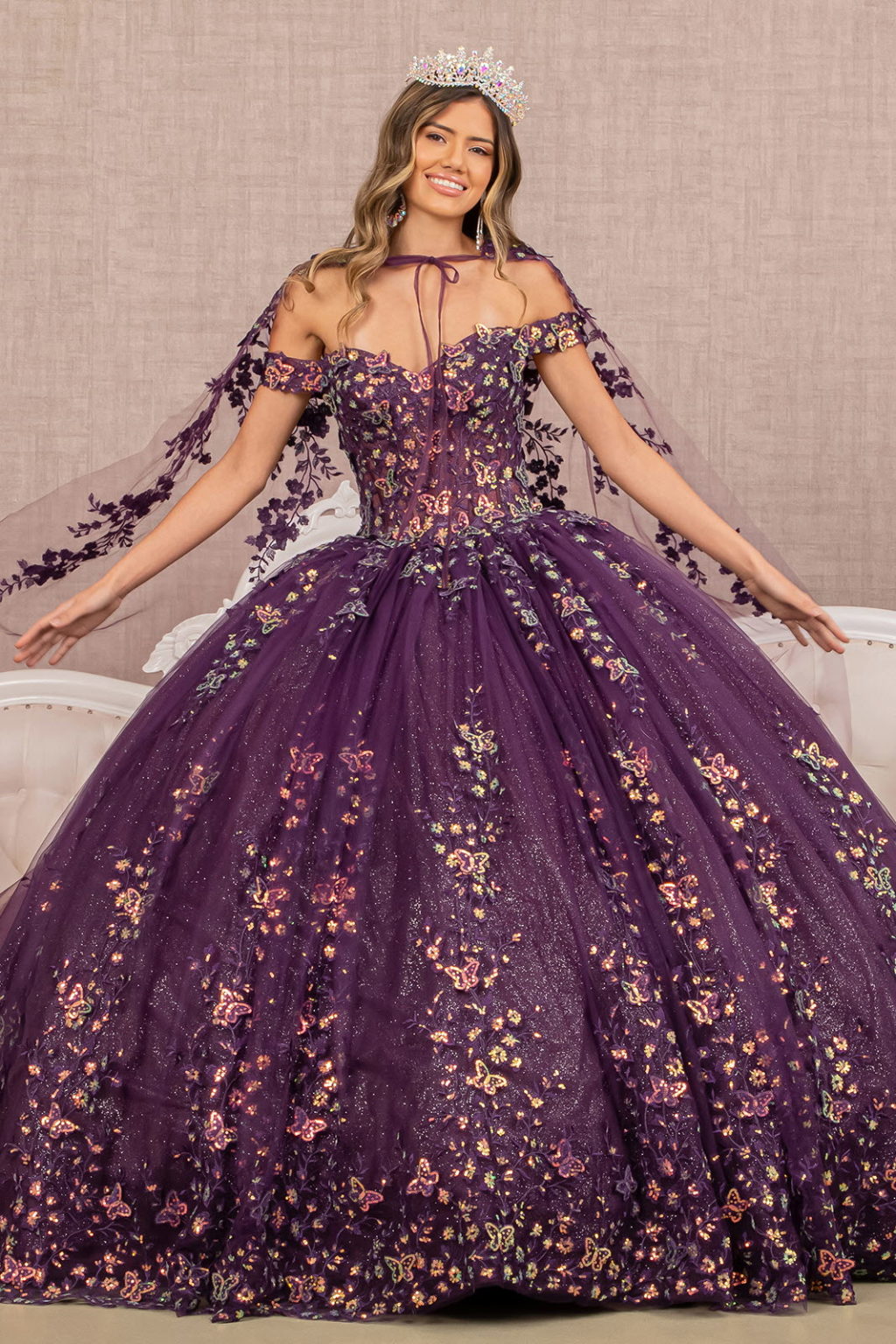 3-D Butterfly Sheer Bodice Quinceanera Gown w/ Long Mesh Cape-1