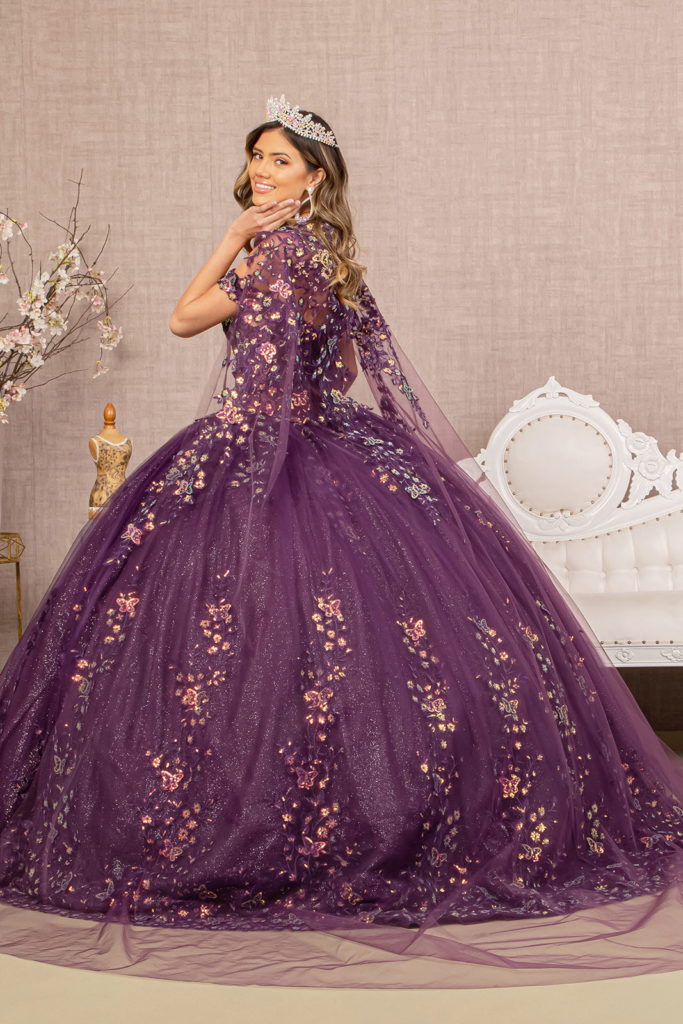 3-D Butterfly Sheer Bodice Quinceanera Gown w/ Long Mesh Cape-2