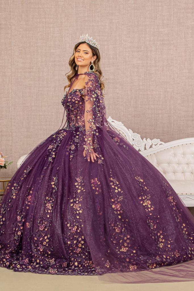 3-D Butterfly Sheer Bodice Quinceanera Gown w/ Long Mesh Cape-3