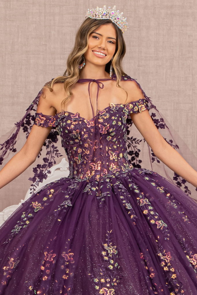 3-D Butterfly Sheer Bodice Quinceanera Gown w/ Long Mesh Cape-4