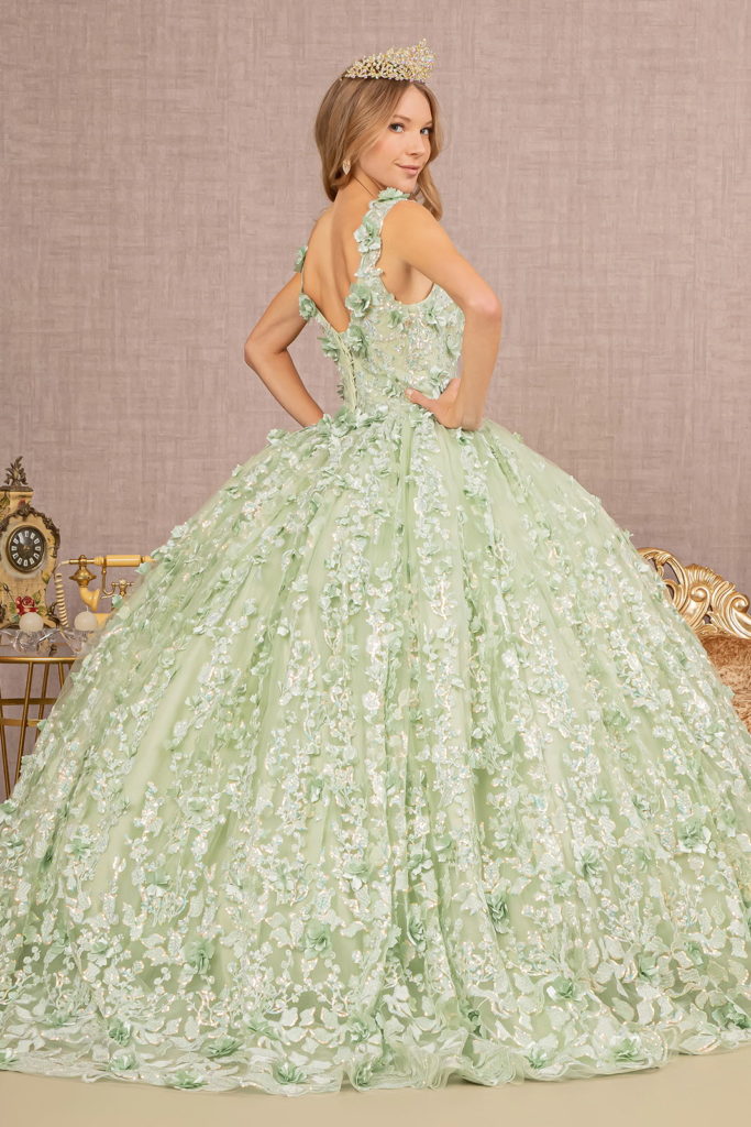 Jewel Embroidery 3-D Flower Mesh Ball Gown w/ Corset Back-2