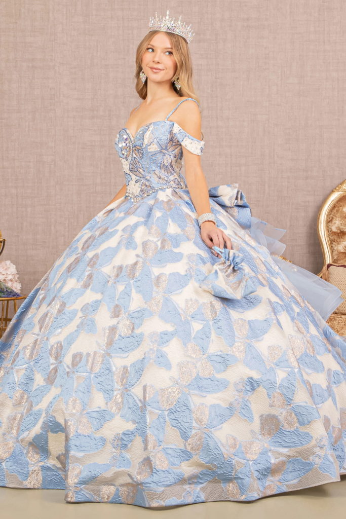 Ribbon Jewel Quinceanera Gown w/ Long Mesh Tail and Mini Bag-3
