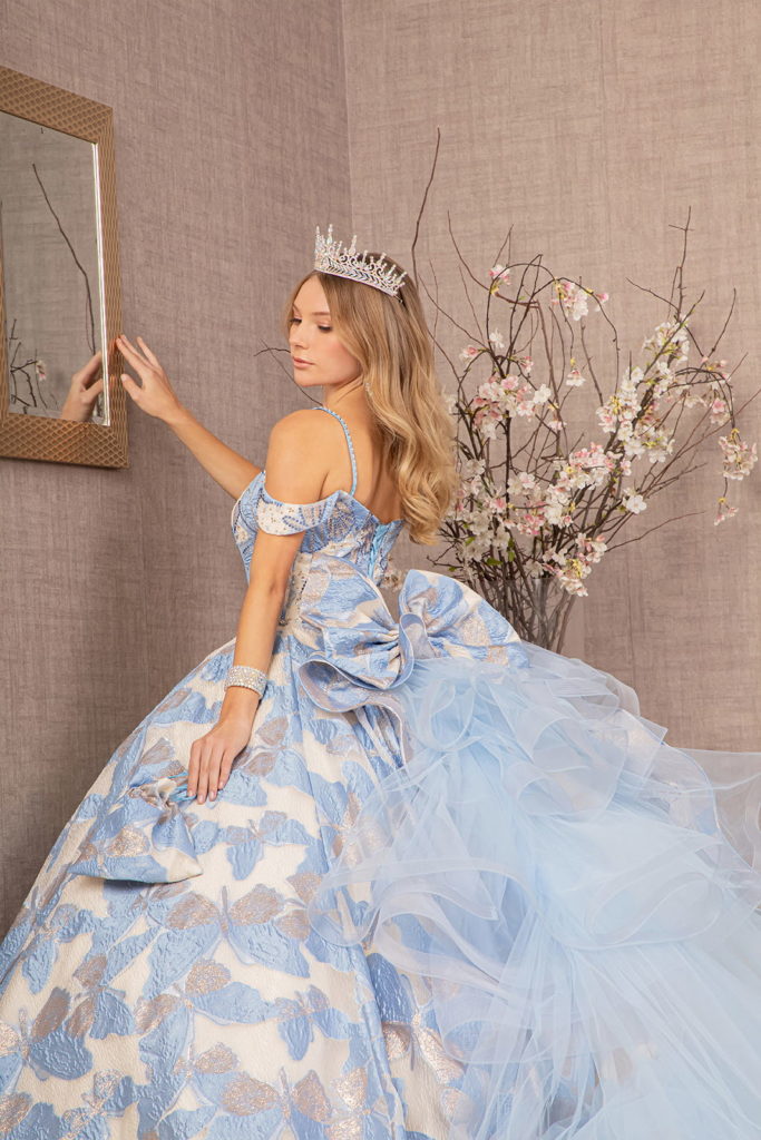 Ribbon Jewel Quinceanera Gown w/ Long Mesh Tail and Mini Bag-4