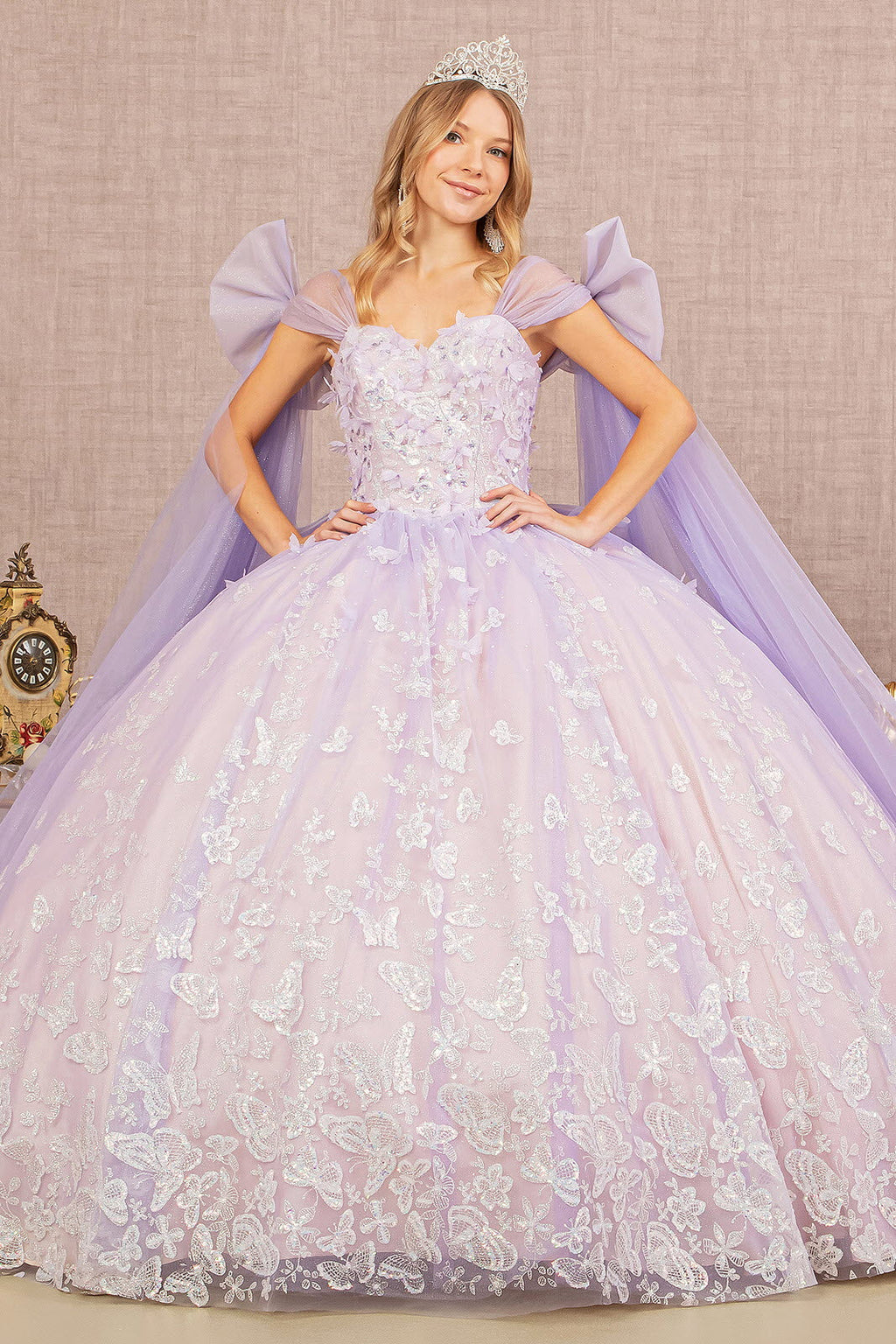 Jewel Glitter Quinceanera Gown w/ Long Mesh Layer and Ribbons-1