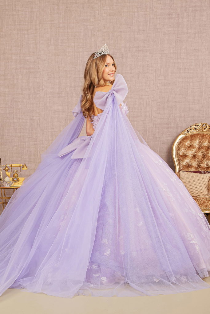 Jewel Glitter Quinceanera Gown w/ Long Mesh Layer and Ribbons-2