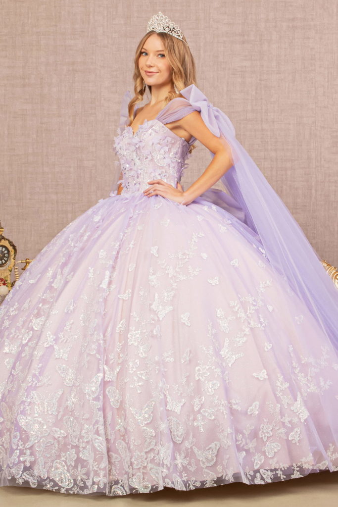 Jewel Glitter Quinceanera Gown w/ Long Mesh Layer and Ribbons-3
