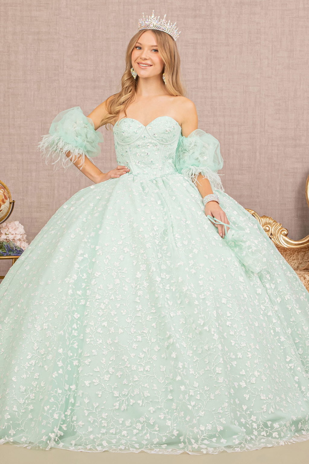 Jewel Strapless Quinceanera Gown w/ Detachable Short Puff Sleeves-1