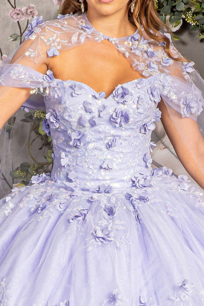 Glitter 3-D Flower Applique Mesh Quinceanera Gown w/ Long Mesh Cape-6