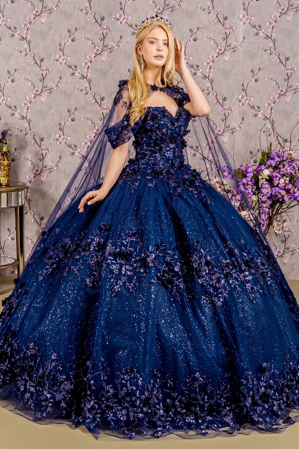 Glitter 3-D Flower Applique Mesh Quinceanera Gown w/ Long Mesh Cape-1
