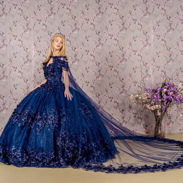 Glitter 3-D Flower Applique Mesh Quinceanera Gown w/ Long Mesh Cape-2