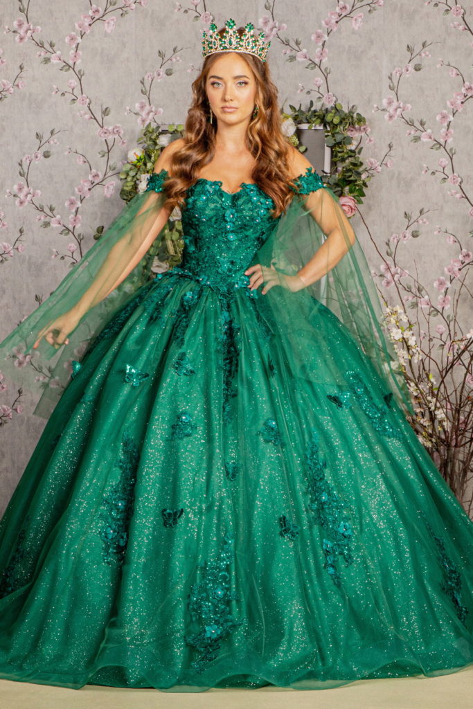 Jewel Glitter Mesh Quincenera Gown w/ Detachable Side Mesh Drapes-4