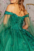 Jewel Glitter Mesh Quincenera Gown w/ Detachable Side Mesh Drapes-5