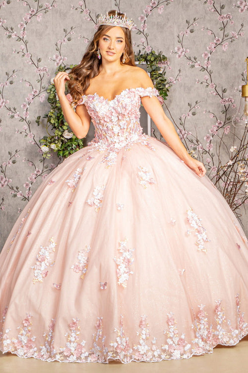 3-D Flower Applique Jewel Mesh Quinceanera Gown w/ Long Tail-1