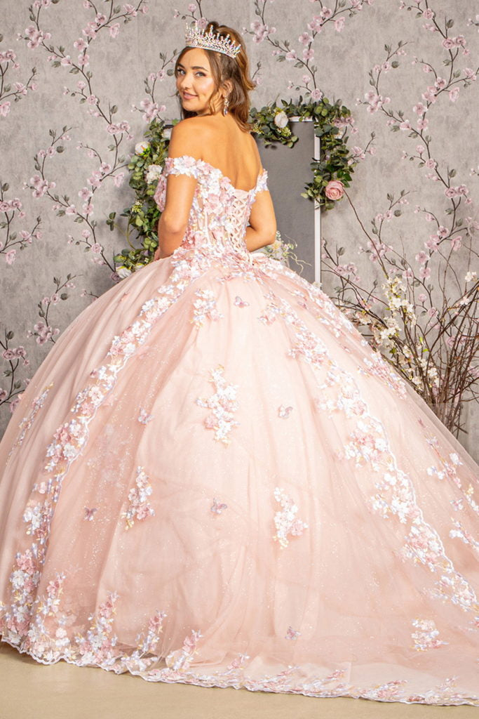 3-D Flower Applique Jewel Mesh Quinceanera Gown w/ Long Tail-2