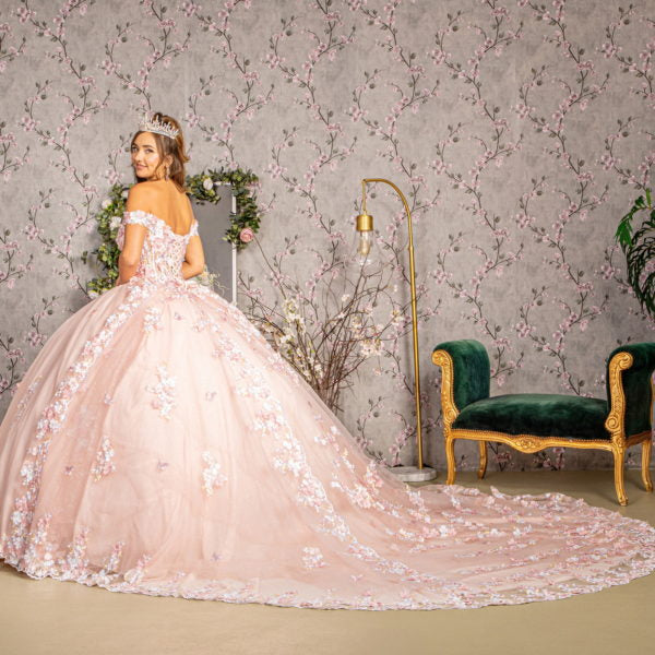 3-D Flower Applique Jewel Mesh Quinceanera Gown w/ Long Tail-3