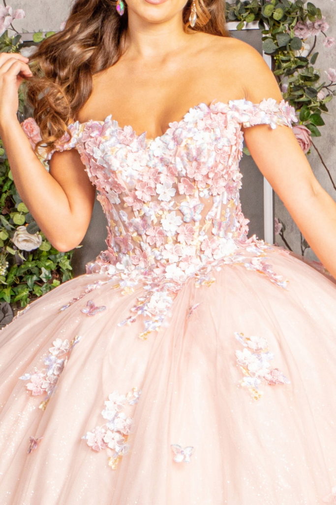 3-D Flower Applique Jewel Mesh Quinceanera Gown w/ Long Tail-4