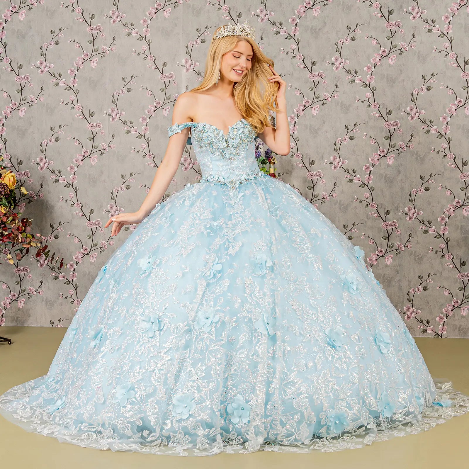 3-D Butterfly Applique Jewel Sequin Quinceanera Ball Gown-1