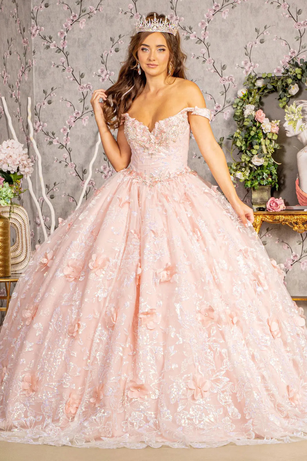 3-D Butterfly Applique Jewel Sequin Quinceanera Ball Gown-3