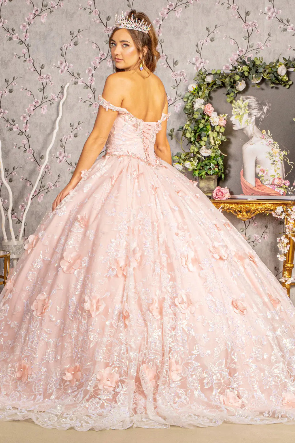 3-D Butterfly Applique Jewel Sequin Quinceanera Ball Gown-4