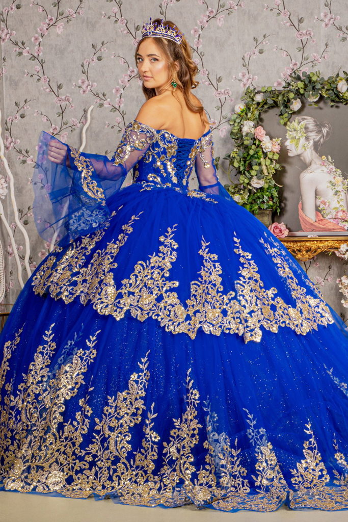 Gold Sequin Off Shoulder Mesh Ball Gown w/ Detachable Long Sleeves-2