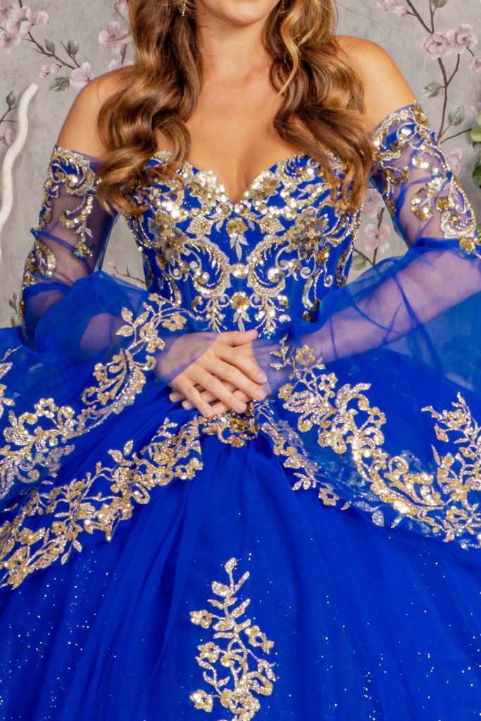 Gold Sequin Off Shoulder Mesh Ball Gown w/ Detachable Long Sleeves-4