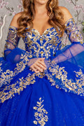 Gold Sequin Off Shoulder Mesh Ball Gown w/ Detachable Long Sleeves-4
