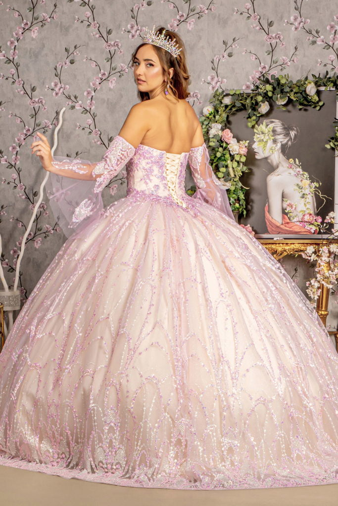 Jewel Sequin Mesh Ball Gown w/ Detachable Long Sleeves-1