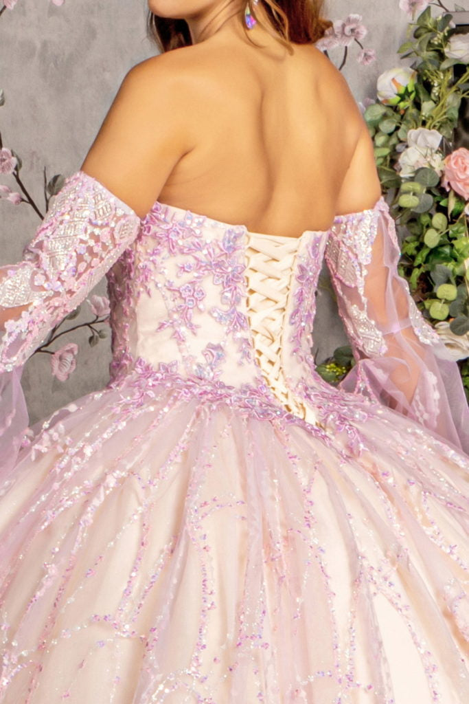 Jewel Sequin Mesh Ball Gown w/ Detachable Long Sleeves-4