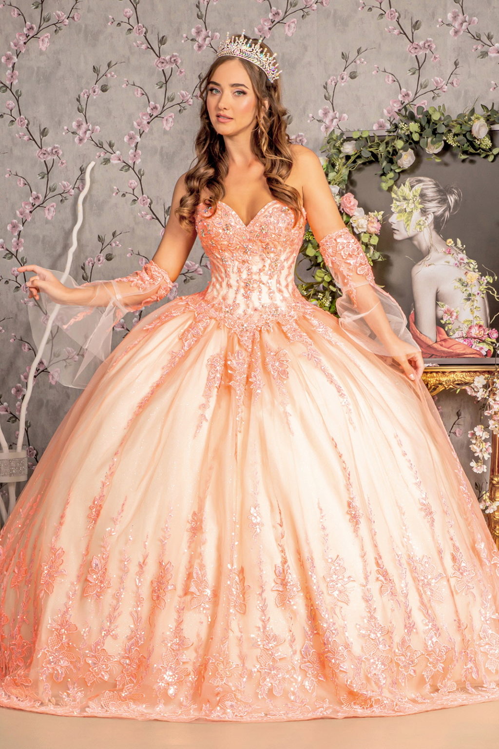 Jewel Sequin Sweetheart Mesh Ball Gown w/ Long Sheer Sleeves-4
