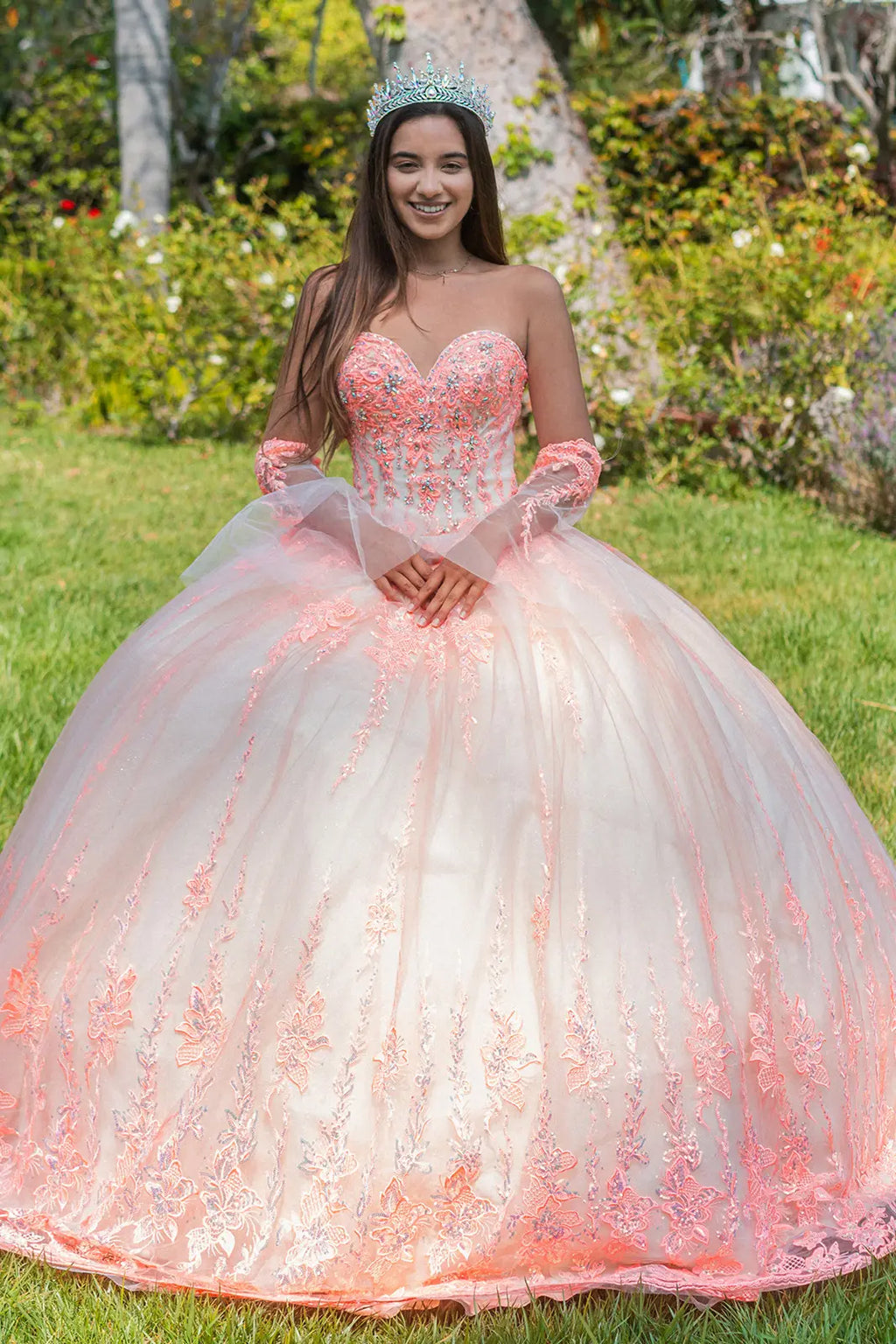 Jewel Sequin Sweetheart Mesh Ball Gown w/ Long Sheer Sleeves-0