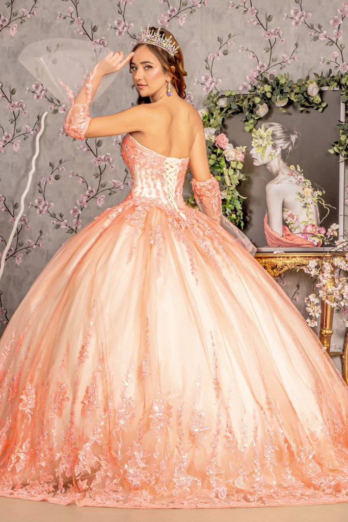 Jewel Sequin Sweetheart Mesh Ball Gown w/ Long Sheer Sleeves-2