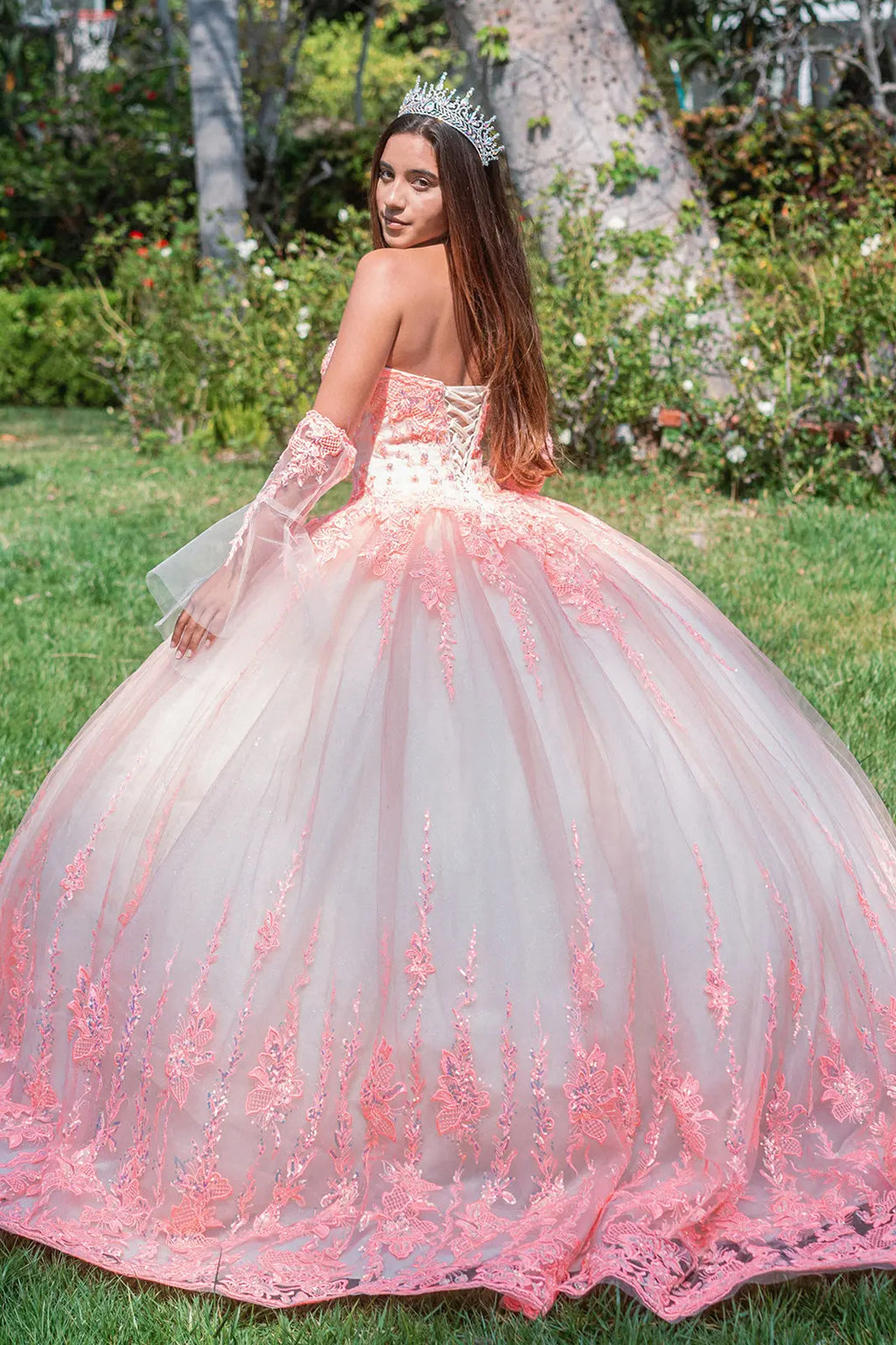 Jewel Sequin Sweetheart Mesh Ball Gown w/ Long Sheer Sleeves-1