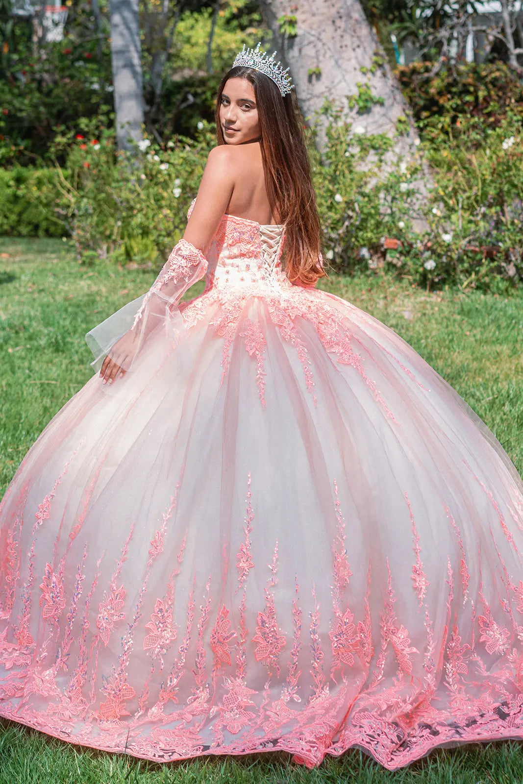 Jewel Sequin Sweetheart Mesh Ball Gown w/ Long Sheer Sleeves-1