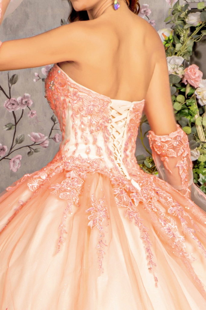 Jewel Sequin Sweetheart Mesh Ball Gown w/ Long Sheer Sleeves-4