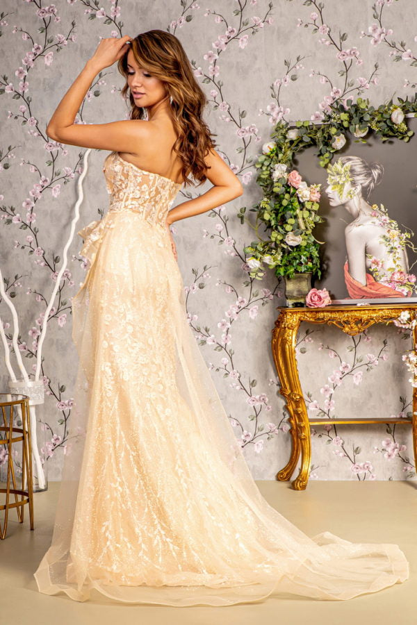 Jewel Sheer Bodice Mesh Mermaid Long Dress w/ Waist Drape-2