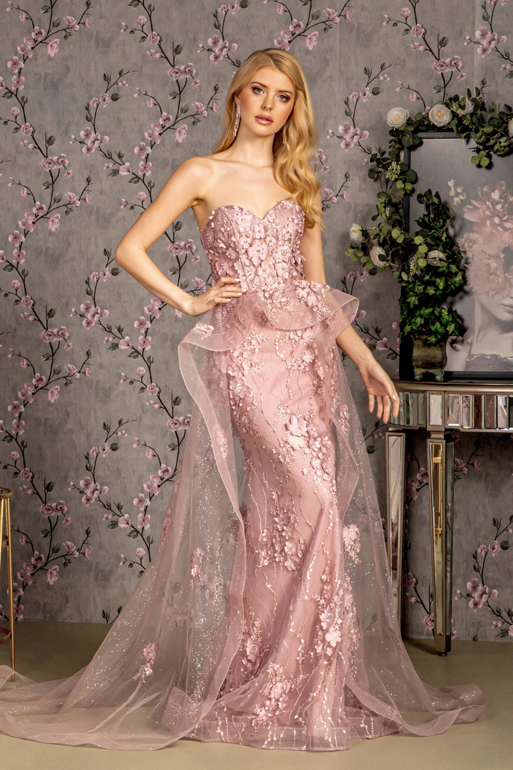 Jewel Strapless Mesh Mermaid Long Dress w/ Waist Drape-1