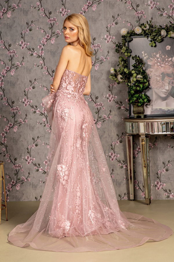 Jewel Strapless Mesh Mermaid Long Dress w/ Waist Drape-2