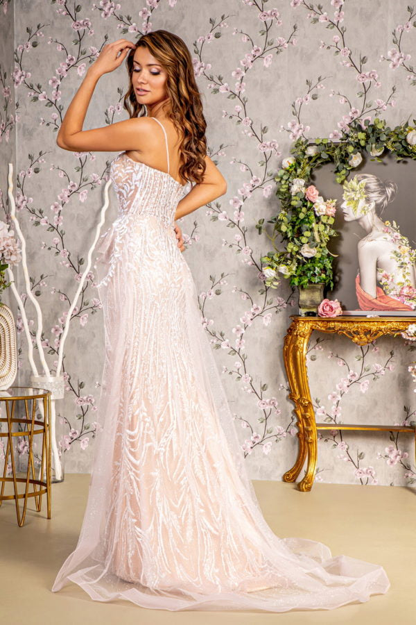 Glitter Sheer Bodice Mesh Mermaid Long Dress w/ Waist Drape Layer-2