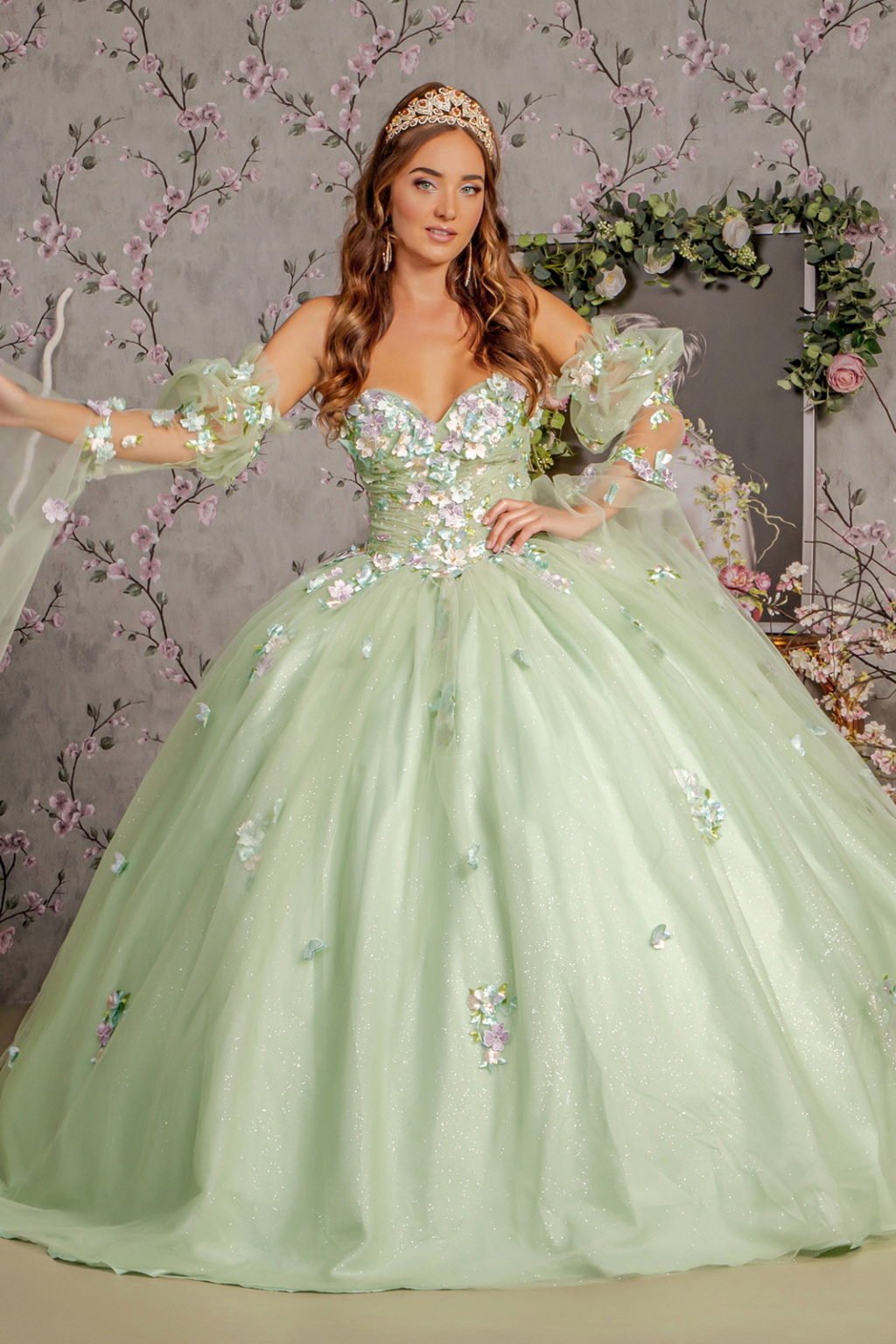 3-D Flower Ruched Bodice Mesh Ball Gown w/ Long Puff Sleeves-1