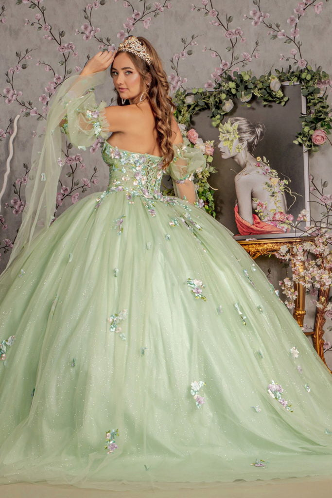 3-D Flower Ruched Bodice Mesh Ball Gown w/ Long Puff Sleeves-2