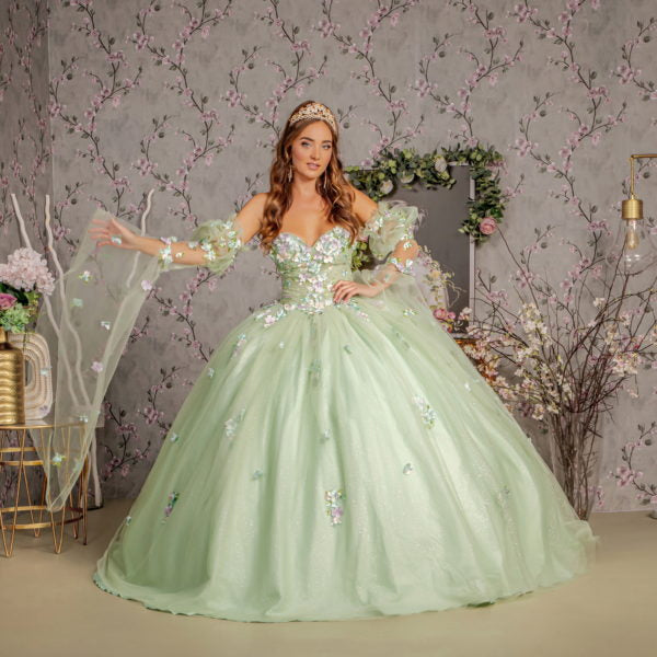 3-D Flower Ruched Bodice Mesh Ball Gown w/ Long Puff Sleeves-3